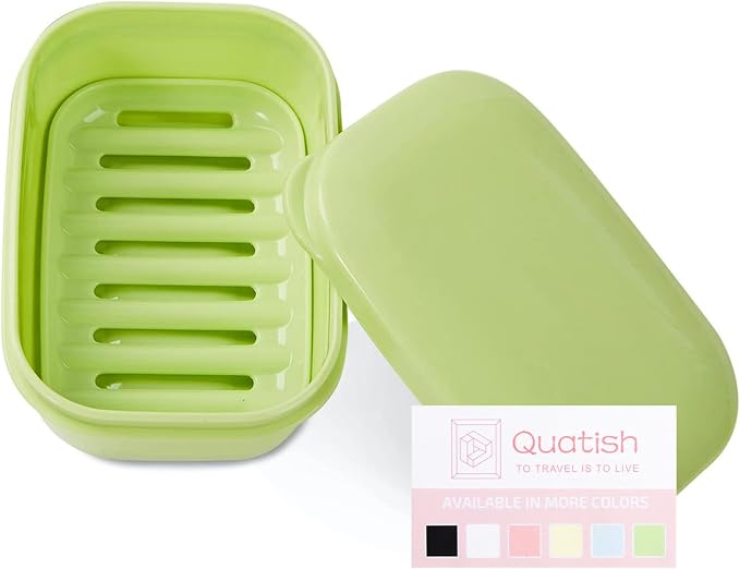 Quatish Leakproof Soap Dish with Lid & Draining Layer, Shatterproof Travel Bar Soap Holder Case Container, Portable Travel Size Toiletries Essentials for Camping, Gym, Bathroom, Green