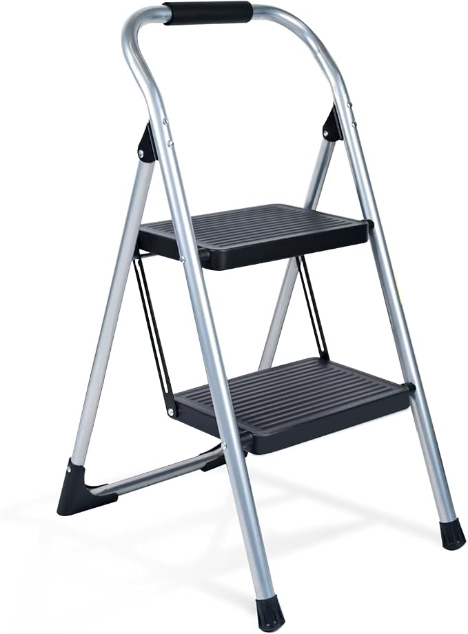 Step Stool for Adults,2 Step Ladder Folding 330lbs Anti Slip Step Stool,Foldable Ergonomic 2 Steel Stool with Wide Pedal for Home, Kitchen, Office (Sliver)