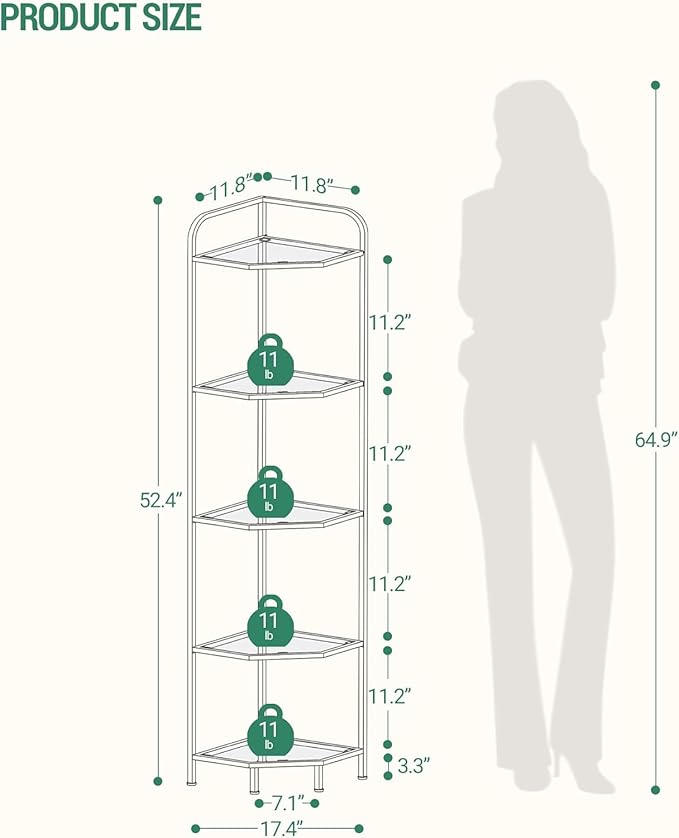 Hzuaneri Corner Shelf Stand, 5-Tier Glass Bookshelf Bookcase, Plant Stand | Bathroom Organizer Steel Frame, Tempered Glass, Modern Style for Living Room, Bathroom, Kitchen, Gold CS90200G