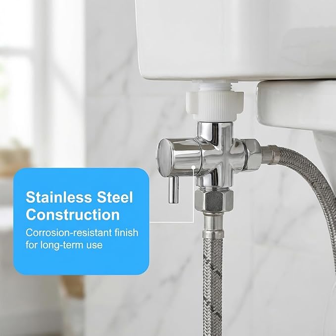 Bidet T Adapter with Shut off Valve, Metal 3 Way T Valve 7/8" x 7/8" x 1/2" or 3/8" Adapter Included, Chrome Finish Tee Connector Bidet Attachment, Leak-Free, Includes Tape