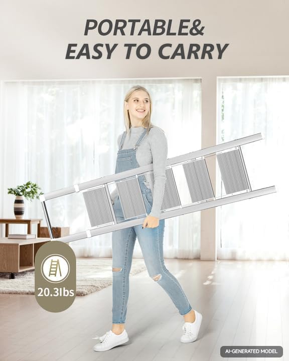 5 Step Ladder, Folding Step Stool, Lightweight Stepladder, White | Reach 10ft;Anti-Slip 7.9'' Wide Pedal;Portable Handrail;Space-Saving;For Kitchen, Home, Library, Office Use;300lbs Capacity
