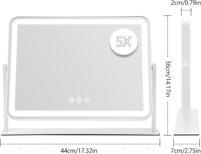 ViKert Vanity Mirror with Lights, 5X Magnification Spot Mirror, Makeup Mirror with Dimmable 3 Color Lighting, 17.3"L x 14.2"W