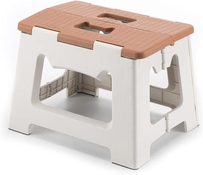 9'' Folding Step Stools for Kids & Adults, Hold Up to 300 Lbs Khaki | Portable Foldable Step Stool for Toddlers, Plastic Small Collapsible Stepping Stools with Handle for Kitchen Bathroom