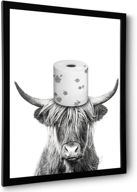 Ardakar Black and White Highland Cow Wall Art, Framed Funny Bathroom Wall Decor, Cute Highland Cow Canvas Print, Funny Kid's Room Decor Wall Art (Framed,16''x20'')