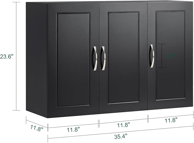 3-Door Wall Mount Bathroom & Laundry Cabinet, Wall Size, Black | 3-Door Wall Storage Cabinet With Adjustable Shelves, Over Toilet/Washer MDF Medicine Cabinet, HUS-FRG231-L