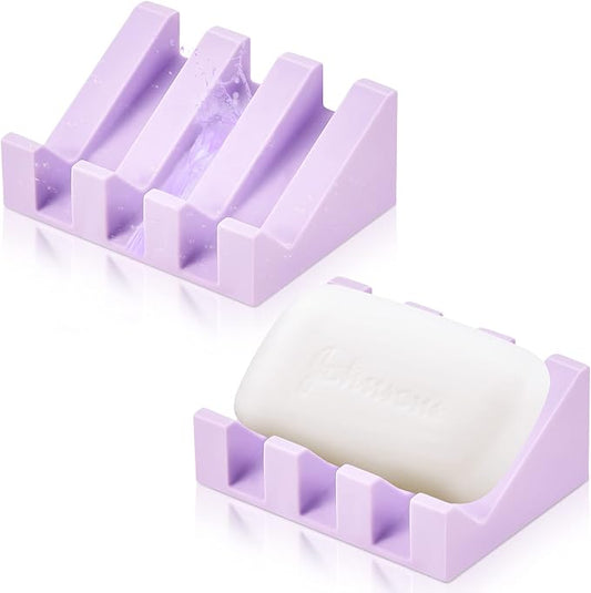 2 Pieces Silicone Soap Dish Self Draining Soap Dish Shower Waterfall Bar Soap Holder Tray with Drain Soap Saver for Kitchen Bathroom Accessories (Light Purple)