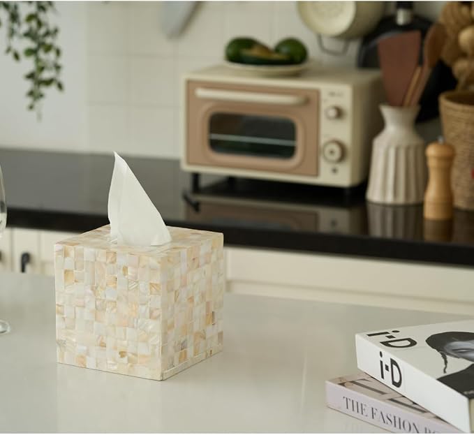 5.9” Mother of Pearl Tissue Box Cover for Kleenex and More – Handcrafted Square Tissue Holder with Sliding Bottom – Decorative Napkin Dispenser for Bathroom, Bedroom, Kitchen, Office