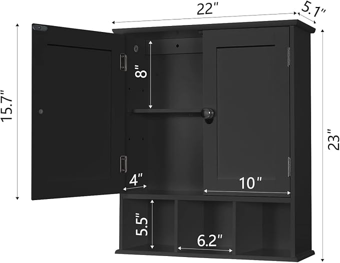 TaoHFE Black Medicine Cabinet Bathroom Over the Toilet Storage Cabinet | Wall Medicine Cabinet Organizer with 2 Door Adjustable Shelves, Wooden Modern Bathroom Shelves Wall Mounted Laundry Room