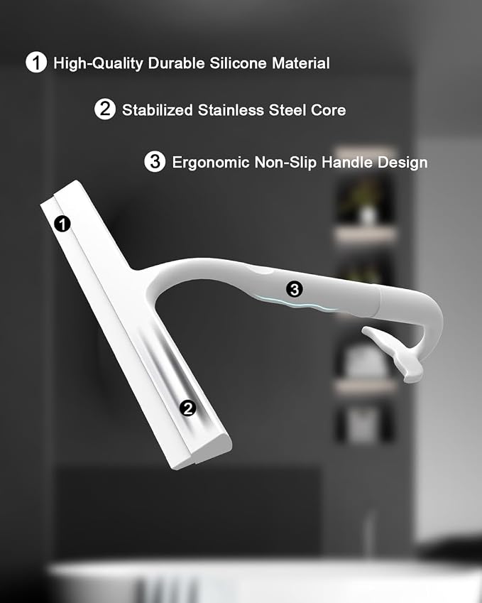 Shower Squeegee for Shower Glass Doors, 10 in Bathroom Squeegee with Hook | Muilt-Purpose Glass Squeegee for Tile, Shower Walls, Window, Car Cleaning, Streak-Free, No-Squeak, Ergonomic Hanging Squeegee