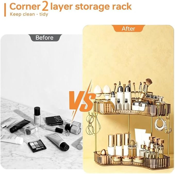 2-Tier Corner Bathroom Counter Organizer，Makeup & Skincare Shelf with Built-in Brush Holder，Space-Saving Bathroom Countertop Organizer for Skincare, Perfume, Cosmetics(Amber)