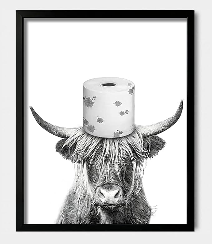 Ardakar Black and White Highland Cow Wall Art, Framed Funny Bathroom Wall Decor, Cute Highland Cow Canvas Print, Funny Kid's Room Decor Wall Art (Framed,16''x20'')