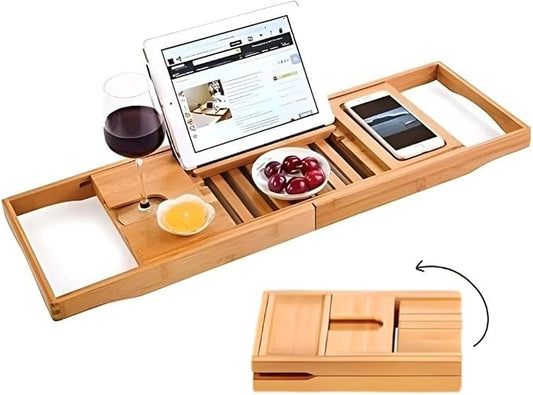 COLORANTIC | Bamboo Wood Bathtub Tray | Bathroom Caddy & Wine Holder | Cell Phone, iPad & Book Holder | Spa & Relaxation Gift for Women, Women & Parents | DIY Rustic Bath & Bathroom Organizer