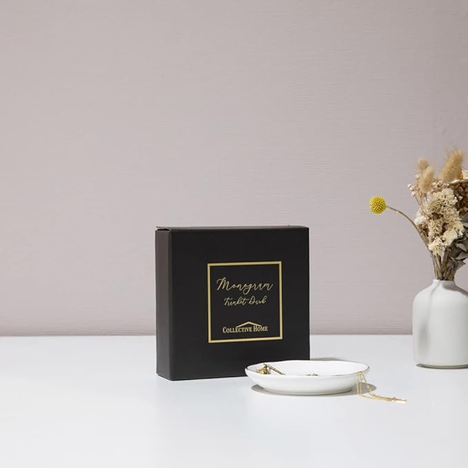 COLLECTIVE HOME Ceramic Jewelry Tray, Trinket Dish, Gifts for Women (R) | Mother's Day, Birthday, Christmas, Engagement Gifts, Vanity, Nightstand Decor, Embossed Gold Monogram Ring Dish with Gift Box