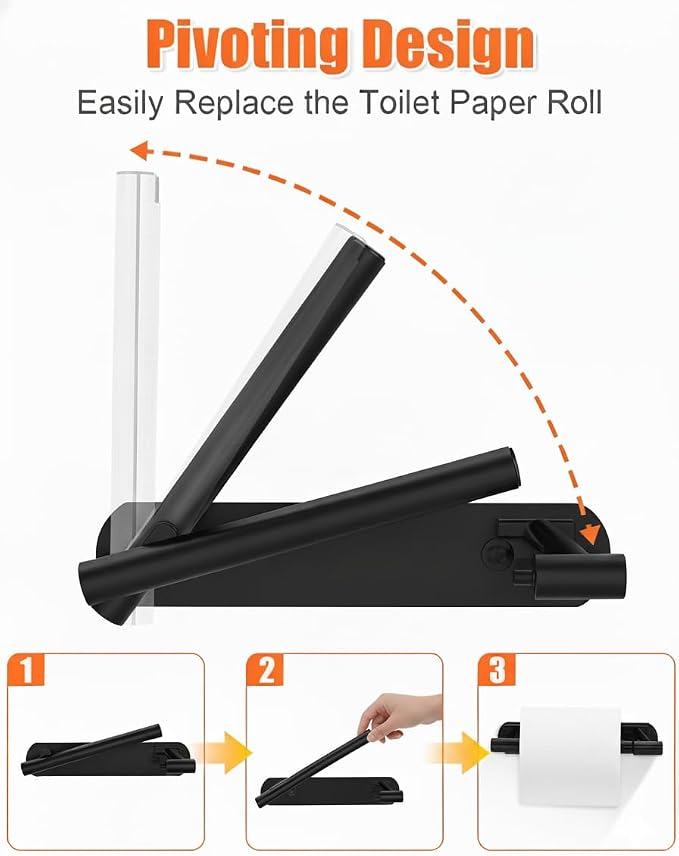 YUET Toilet Roll Holder, Self Adhesive or Screw in Wall Mounted Options, Double Post Pivoting Tissue Roll Holder, Stainless Steel Rustproof Stick On No Drilling Wall Mount for Bathroom, Matte Black | Double Swivel Toilet Roll Holder for Bathroom and To...