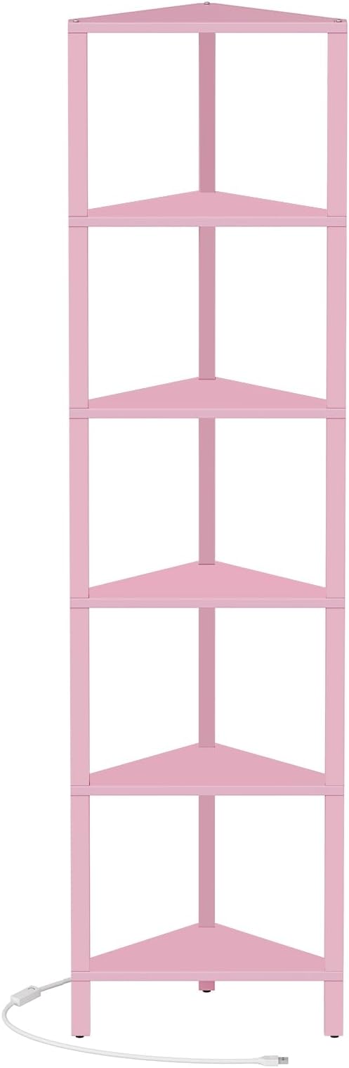 TUTOTAK Corner Shelf with LED Light, 6-Tier Corner Bookshelf | for Small Space, Narrow Display Corner Shelf Stand with Storage Rack, for Living Room, Bedroom, Pink BS05BP006L