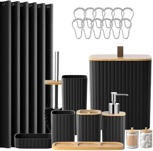 Bathroom Set - 22PCS Black Bathroom Accessories Set Trash Can Toilet Brush Holder Set Soap Dispenser Bathroom Accessory Set with Shower Curtain Bathroom Decor Set for Home, Restroom