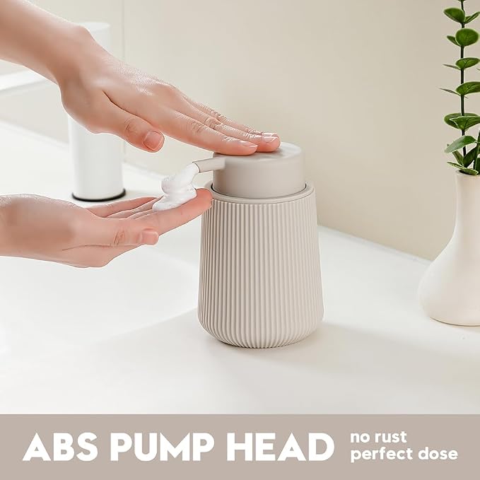 YAUKPH Striped Foaming Hand Soap Dispenser Beige | with Leak-Proof Pump for Bathroom and Kitchen Countertop 11oz