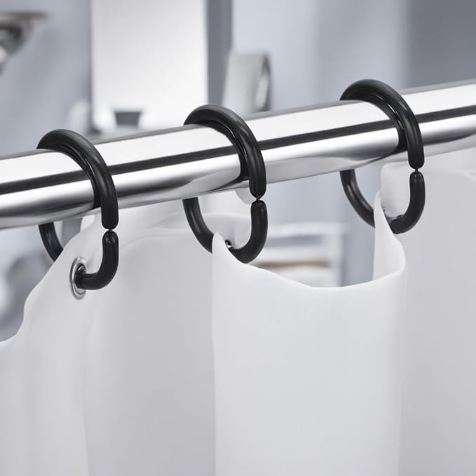 Plastic Shower Curtain Hooks C Shape Shower Curtain Rings for Bathroom Shower Rod Window Curtains Hanger (Black, 12pack)