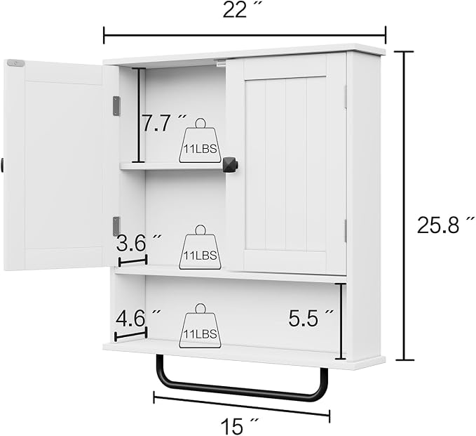 RRX Bathroom Cabinet Wall Mounted Medicine Cabinets with Towels Bar (White) | Over The Toilet Storage Cabinet with 2 Doors and Adjustable Shelf, White Wall Cabinet for Bathroom Laundry Kitchen