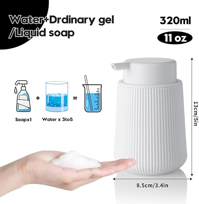 YAUKPH Striped Foaming Hand Soap Dispenser White | with Leak-Proof Pump for Bathroom and Kitchen Countertop 11oz