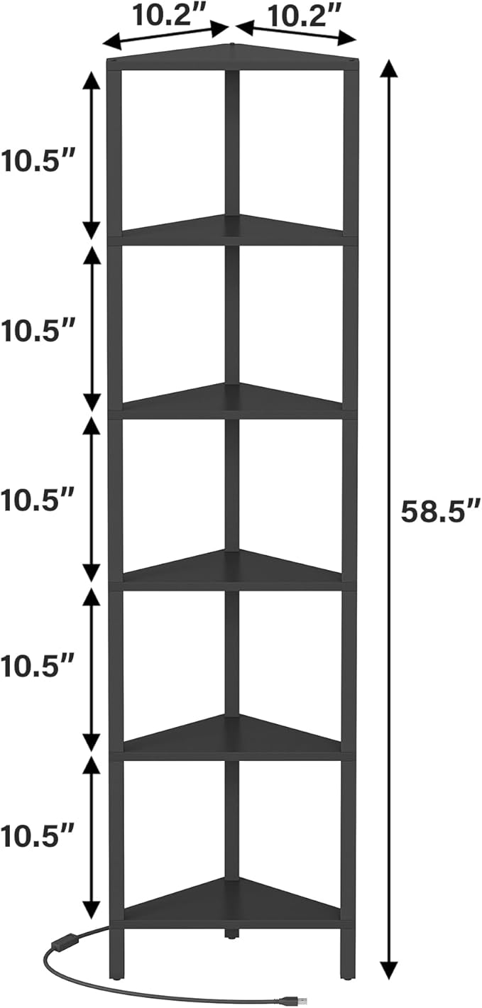 TUTOTAK Corner Shelf with LED Light, 6-Tier Corner Bookshelf | for Small Space, Narrow Display Corner Shelf Stand with Storage Rack, for Living Room, Bedroom, Black BS05BK006L