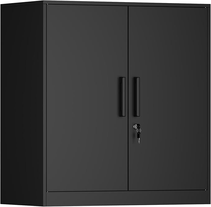 Metal Wall Cabinet,Garage Cabinet with Handle,Lockable Storage Cabinets Wall Mounted with 2 Doors,Locking Cabinet with Shelves for Basement,Office,Living Home,Black