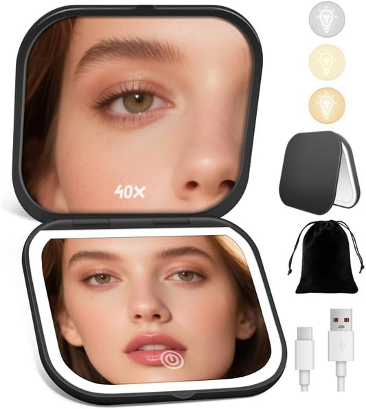 Magnifying Mirror with Light, Rechargeable 40X Compact Mirror with 3 Lighting Modes & Dimmable Brightness, Portable Travel Makeup Mirror with Light, Essentials for Travel, Pocket Purse Black