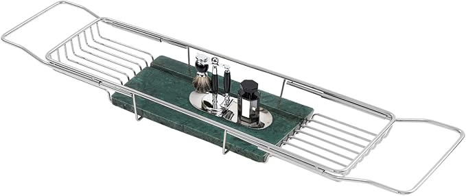 Stainless Steel Bathtub Tray, Expandable Marble Bath Tray for Tub, 44.09 lbs Capacity Bath Caddy for Bathtub Bathroom Accessories for Home Spa (Silver + Green)