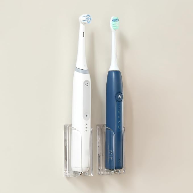 Electric Toothbrush Holder for Bathroom, Wall-Mounted Toothbrush Stand with Self-Adhesive, Compact Bathroom Caddy for Electric Toothbrushes (Clear-2pcs)