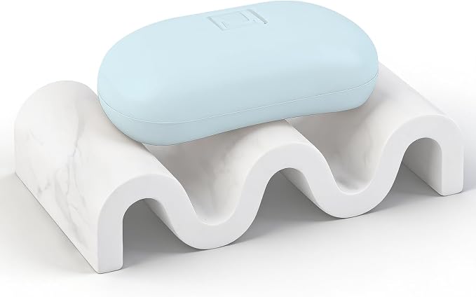 Diatomite Soap Dish Bar Soap Holder Wave Texture Sponge Tray, Marble White | Quick Drying, Self Draining Design Helps Keep Bar Soap Dry for Bathroom Sink, Shower & Kitchen