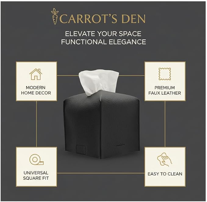 Carrot’s Den PU Leather Tissue Box Cover Holder, Bathroom Decor, Black | Faux leather square holder fits standard facial tissue boxes. Decorative aesthetic accent for office desk, guest bedroom.