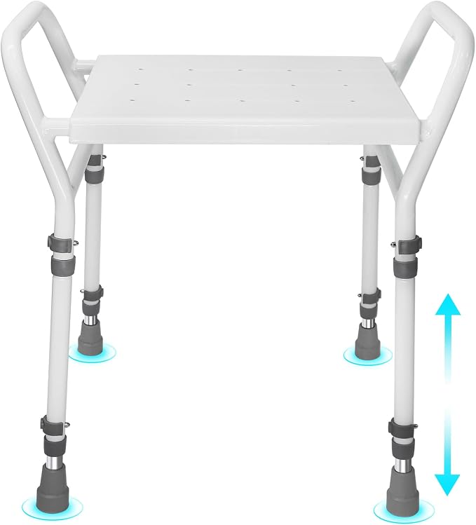 Shower Chair Seat with Arm for Inside Shower - Adjustable Up to 24 Inches Shower Stool with Suction Feet for Seniors, Elderly, Handicap & Disabled-Adjustable Support Shower Bench | Height adjusts from 16 to 24 inches, with dual armrests, suction feet a...