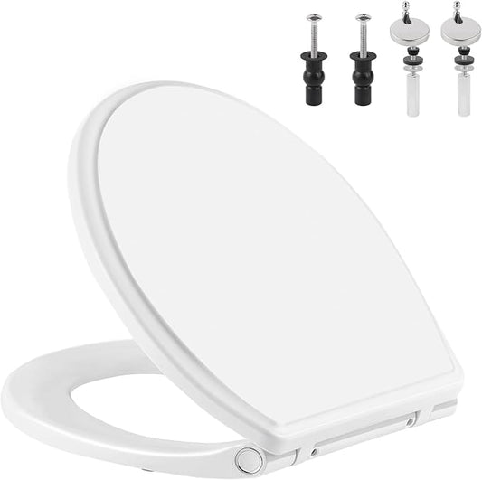 Universal Round Toilet Seat Soft Close Cover, 4 PCS Toilet Bolts, White | One-Click Quick-Release Toilet Seat Replacement with Bumpers, Compatible with TOTO, Gerber, Kohler, Never Loosen Slow Close