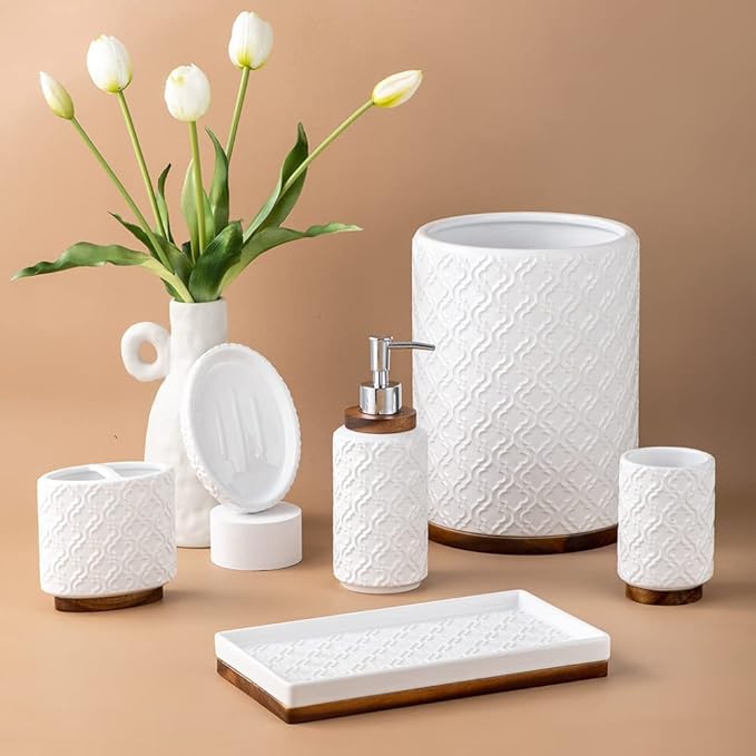 RQYIXI Ceramic 6-Piece Bathroom Accessories Set,White,with Trash Can | ceramic and wood embossed design with Trash Can modern countertop organization