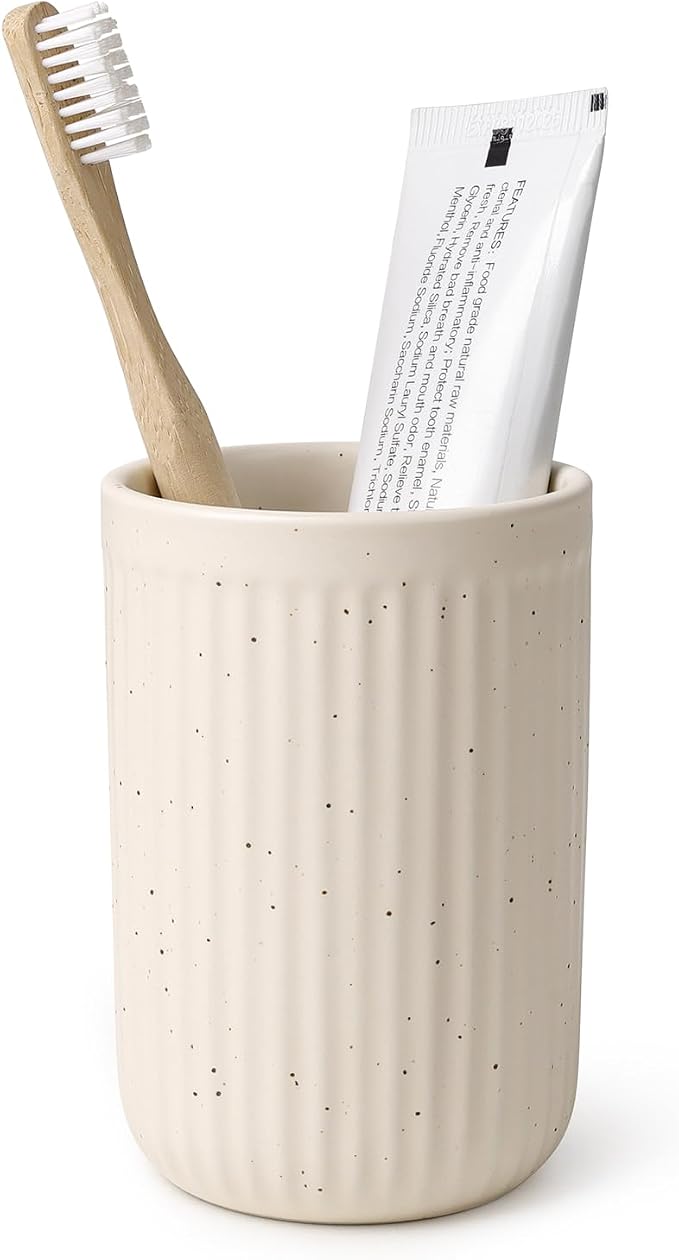 BosilunLife Ceramic Toothbrush Holder - 12oz Bathroom Toothbrush Holder Tooth Brush Holders Tumbler Cups Reusable Toothbrush Mouthwash Cup Small Toothbrush and Toothpaste Holder, Striped Apricot