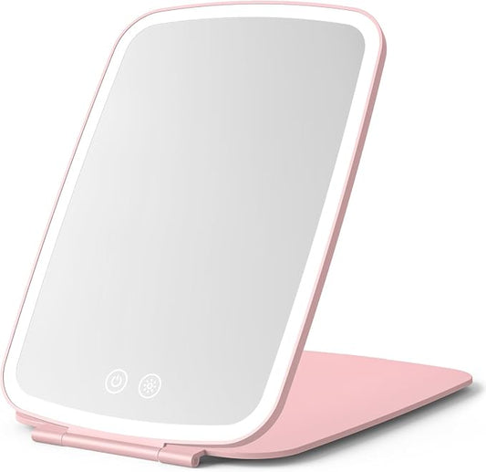 NEZZOE Portable Makeup Mirror, Large Travel Mirror with Light, 10”x7”, Pink | Foldable Makeup Mirror, 2000mAh Rechargeable Battery, 3 LED Lighting Modes, Magnetic Closure