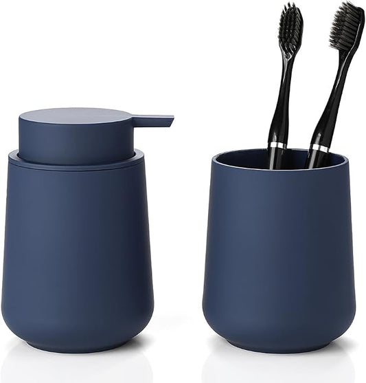 YAUKPH Bathroom Soap Dispenser and Toothbrush Holder Matte Blue | Bathroom Accessories Set 2 Piece for Bathroom Countertop Storage and Decor