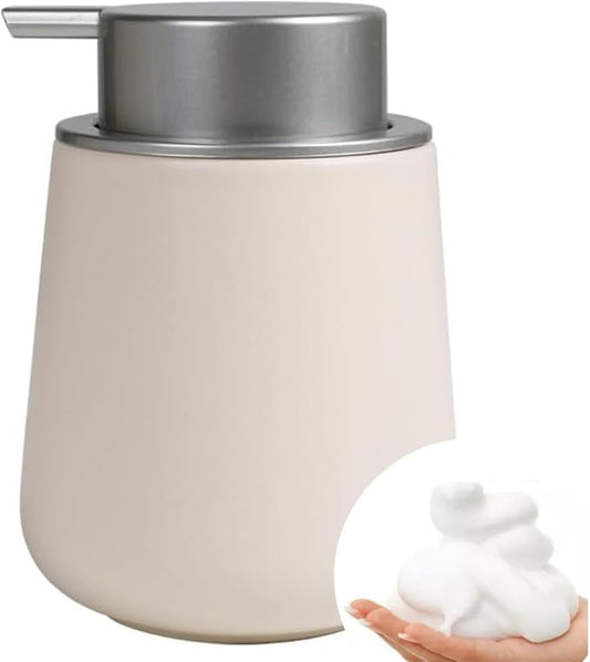 Bosilunlife 12Oz Ceramic Foam Soap Dispenser for Bathroom Kitchen Counter | Premium countertop foam pump creates delicate dense foam, stable desktop placement,Beige with Silver