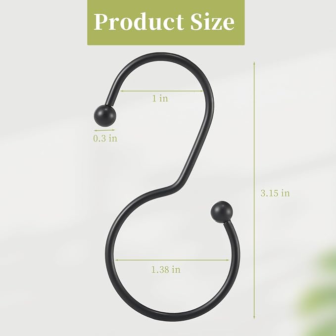 24 Pack Shower Curtain Hooks, Anti-Fall S-Shaped Shower Curtain Ring, Decorative Black Shower Curtain Hooks Rings Rust Proof Shower Rings for Curtain, Shower Hooks for Shower Curtain, Black
