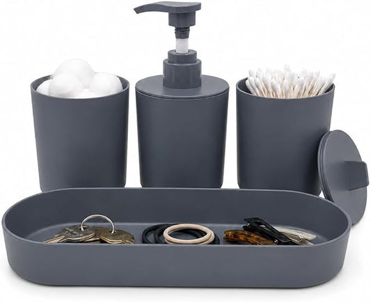 LGURT Dark Gray Bath Accessories — 4-Pc Dispenser, Cup, Tumbler & Tray | Plastic, Lotion Dispenser, Vanity Tray (7.87"×2.56"), Modern Decor, Gift