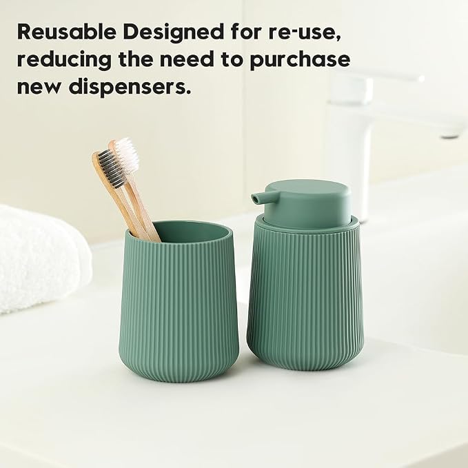 YAUKPH Striped Foaming Hand Soap Dispenser Sage Green | with Leak-Proof Pump for Bathroom and Kitchen Countertop 11oz