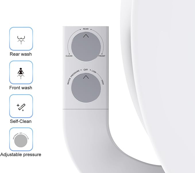 BIDETbidet Left/Right Reversible Fresh Water Deluxe Ultra-Slim Toilet Attachment, Interchangeable Knob Set, Non-Electric with Nozzle Hinged Design, Easy Install, Fits Most Toilets, Off-White