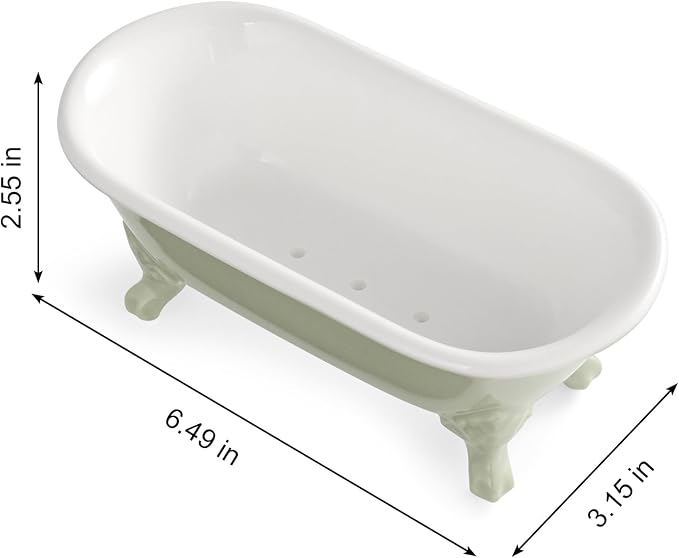 6.5" Ceramic Mini Clawfoot Bathtub Soap Dish, Seige Green | Decorative, Kitchen Sponge Holder, Shower Tray, 1 Pack