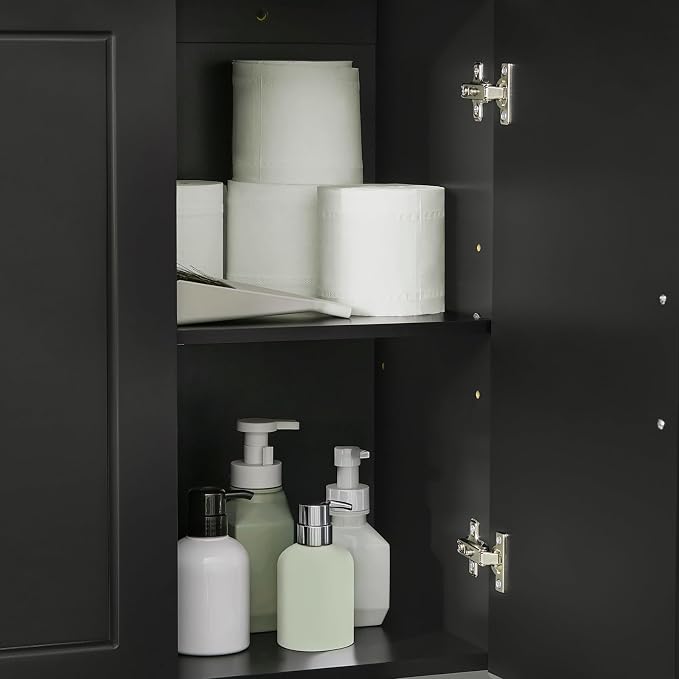 3-Door Wall Mount Bathroom & Laundry Cabinet, Wall Size, Black | 3-Door Wall Storage Cabinet With Adjustable Shelves, Over Toilet/Washer MDF Medicine Cabinet, HUS-FRG231-L