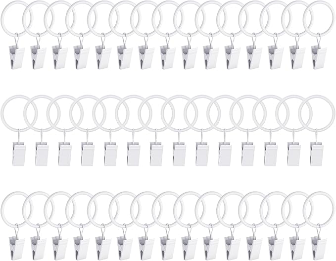 Lansian 44 Pack Curtain Rings with Clips Hooks 1 in Diameter Rustproof | Metal Stainless Steel Drapery Rings for Tension Rod Bracket Eyelets Decorative Hanger, Fits 3/4 in Rods, White