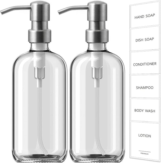 GMISUN Glass Soap Dispenser with Pump, 2 Pack Clear Bathroom Hand Soap Dispenser with Stainless Steel Pump, 17 Fl Oz Refillable Kitchen Hand and Dish Soap Dispensers Set, Modern Liquid Pump Bottles