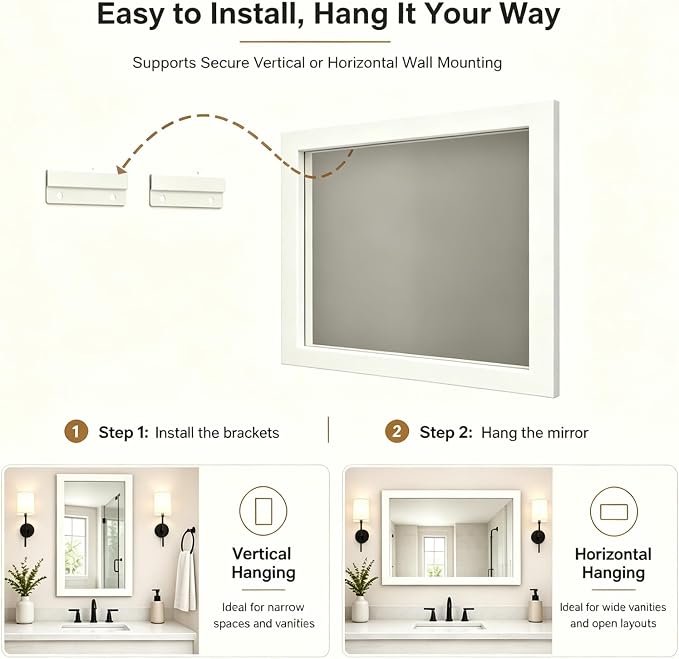 SMIROR 60x40 Matte White Bathroom Vanity Mirror for Over Sink | Metal Wide Frame, Rectangle, Right- Angle Corner, Anti-Rust, Horizontally or Vertically Wall- Mounted for Home Remodel