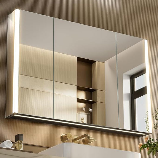 41x28 Inch Three Doors Aluminum LED Bathroom Medicine Cabinet with Mirror | Light Adjustment, Anti-Fog, Sockets&USBs, High Capacity, Easy to Install