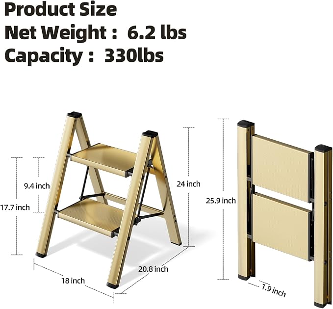 HillhutApex Aluminum Step Stool Foldable,2 Step Ladder (Gold) | Lightweight Portable step ladder with Anti-Slip Wide Pedal,330lbs Capacity Ladder for Household,Office,Kitchen