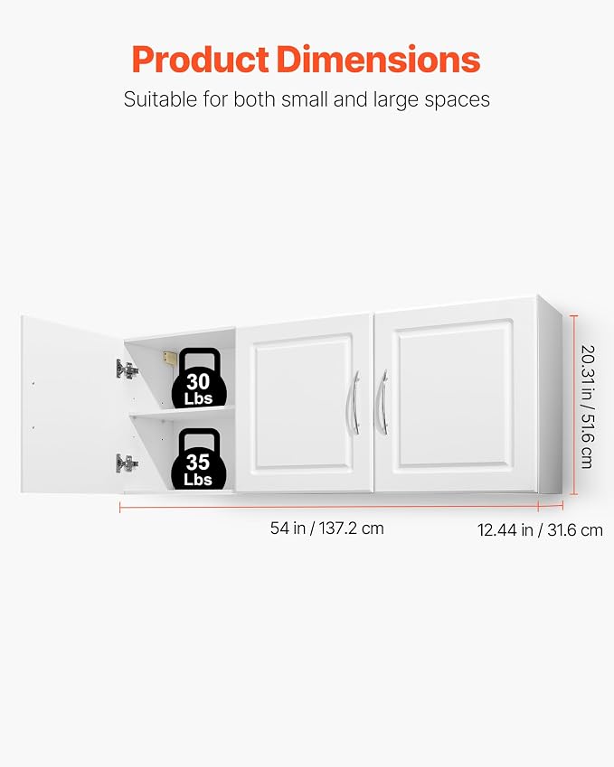 VEVOR Laundry Room Wall Cabinet, 2-Tier Wall Mounted Hanging Cabinet with Adjustable Shelf, Cupboard Storage with 3 Doors, for Kitchen, Bathroom, Laundry, 12.44 x 54 x 20.31 in (D x W x H), White